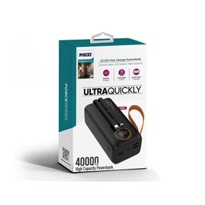 Phixi Force P42 40.000mAh 22.5W Hızlı Şarj Cihazı - Dahili Kablolu - Fast Powerbank - Dijital Ekran - Taşınabilir Şarj Cihazı