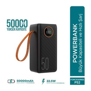 Phixi Force P52 50.000mAh 22.5W Hızlı Şarj Cihazı - Dahili Kablolu - Fast Powerbank - Dijital Ekran - Taşınabilir Şarj Cihazı