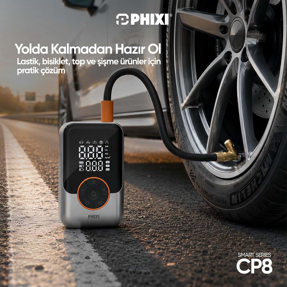 Phixi Smart CP8 150 PSI Dijital Ekranlı 3000 mAh Şarjlı Hava Kompresörü