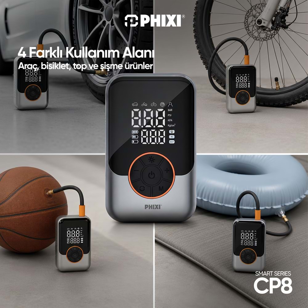 Phixi Smart CP8 150 PSI Dijital Ekranlı 3000 mAh Şarjlı Hava Kompresörü