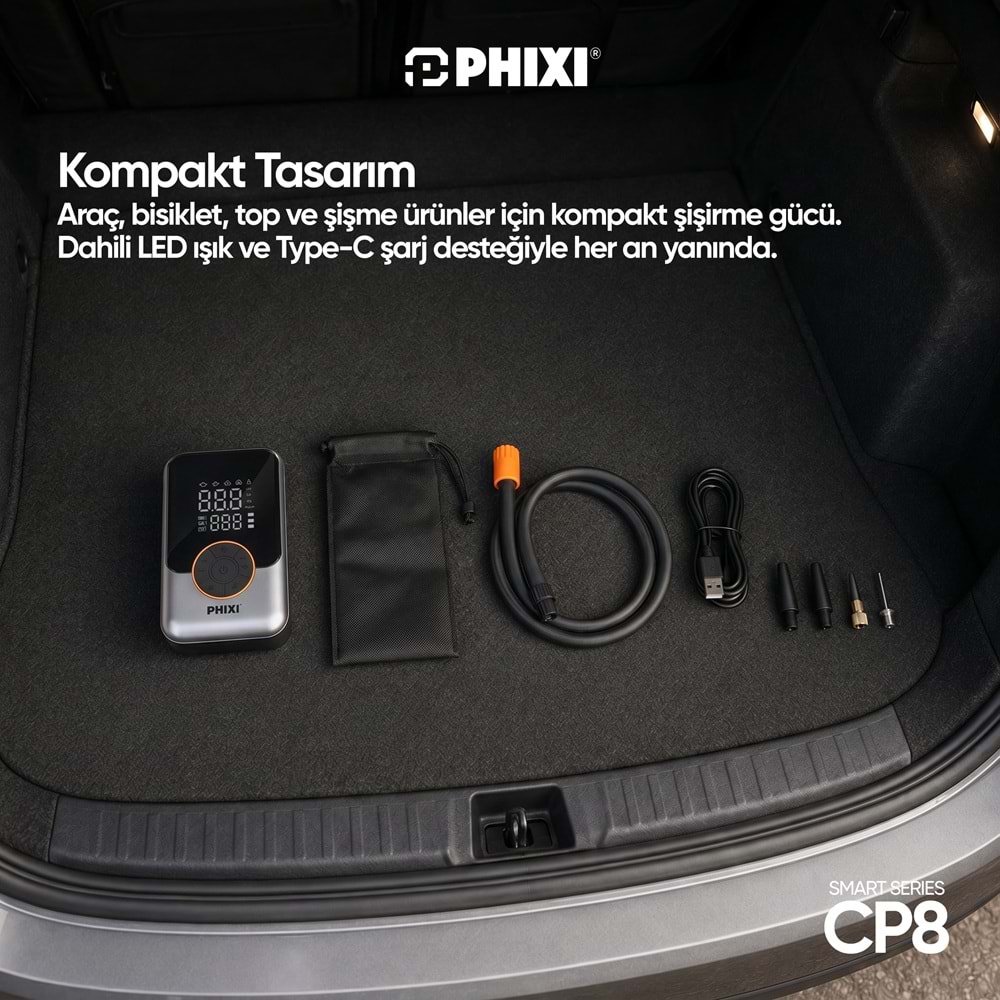 Phixi Smart CP8 150 PSI Dijital Ekranlı 3000 mAh Şarjlı Hava Kompresörü