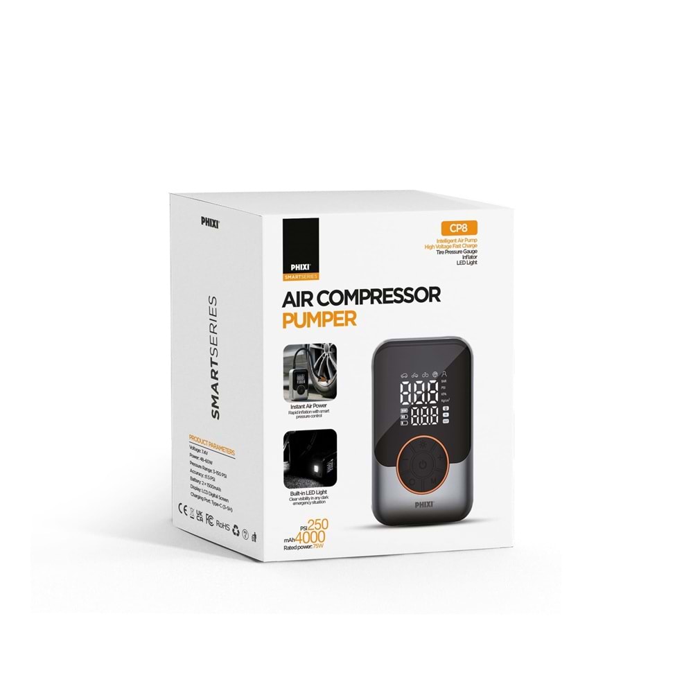 Phixi Smart CP8 150 PSI Dijital Ekranlı 3000 mAh Şarjlı Hava Kompresörü