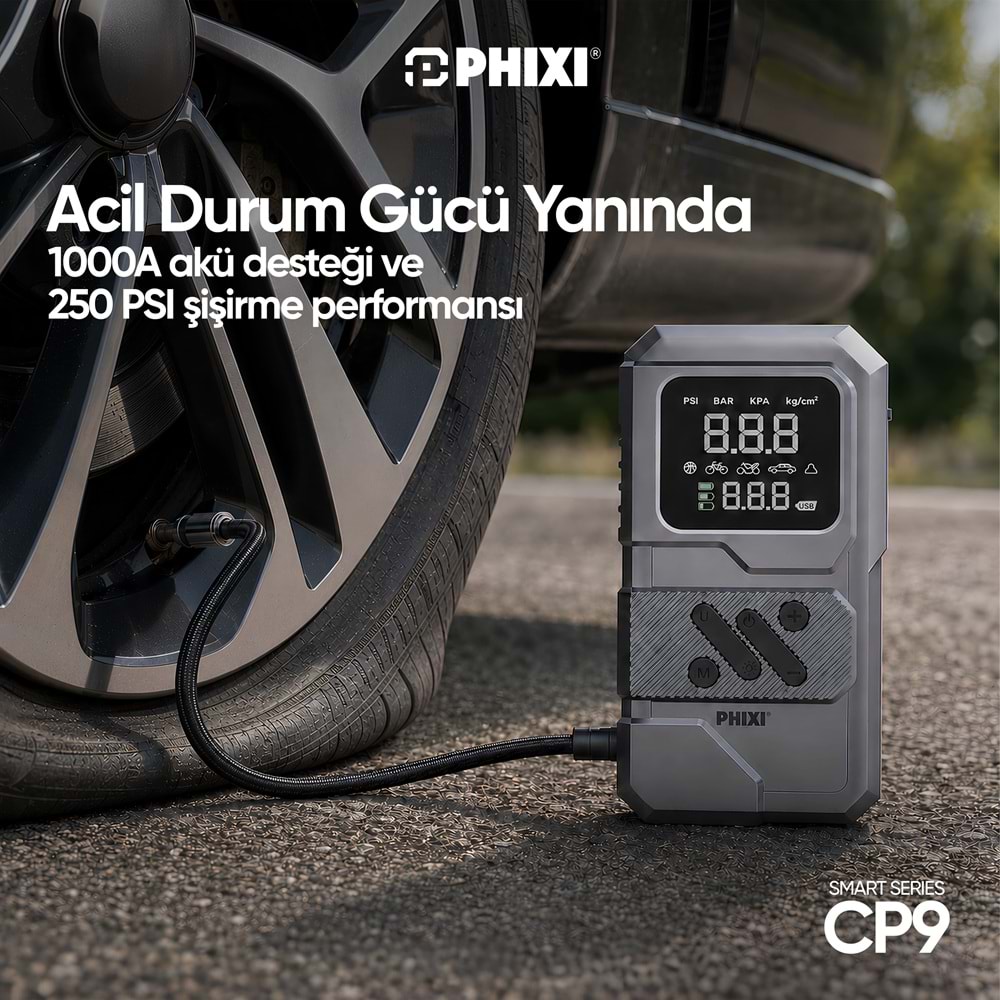 Phixi Smart CP9 250 PSI 8000 mAh Akü Takviyeli Şarjlı Hava Kompresörü