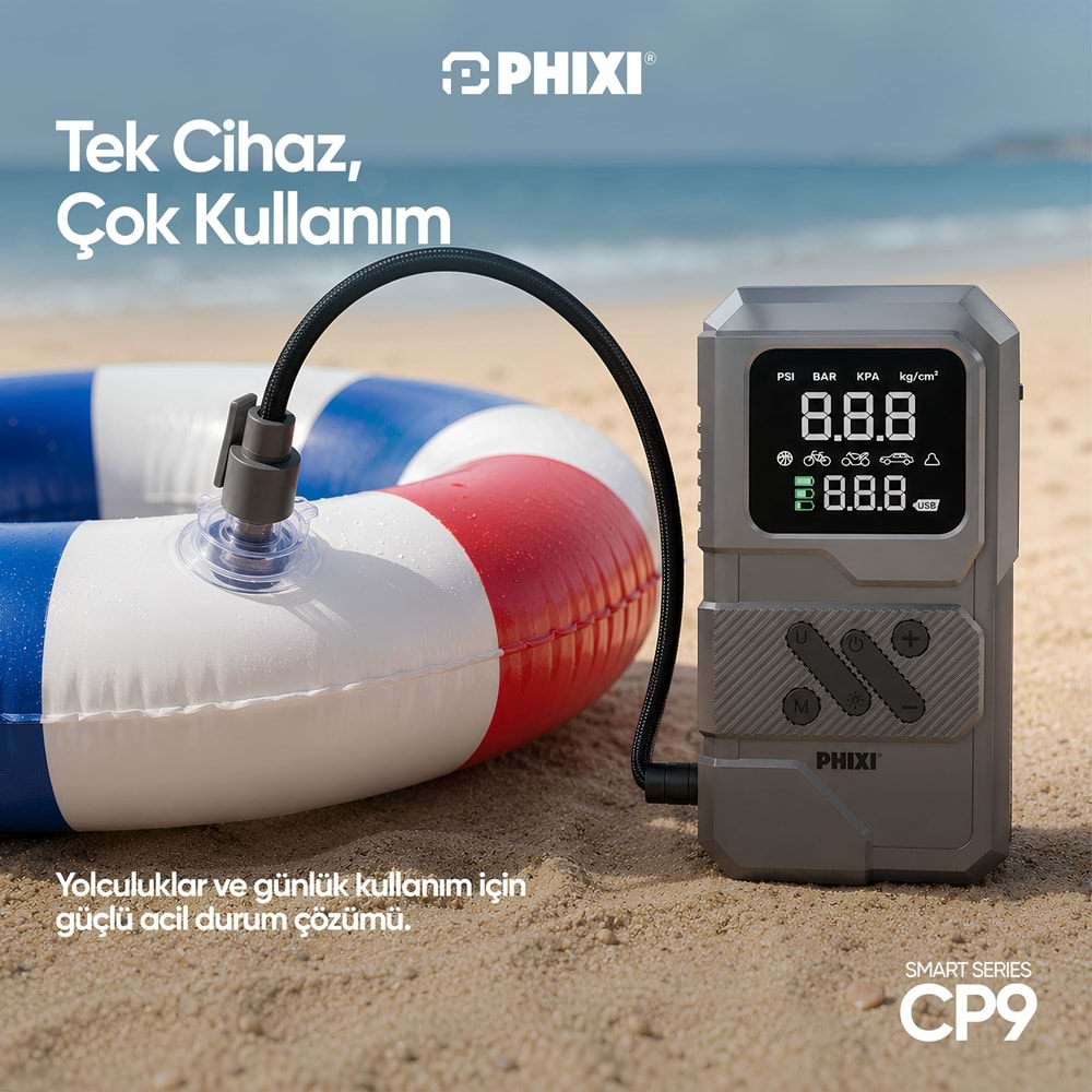 Phixi Smart CP9 250 PSI 8000 mAh Akü Takviyeli Şarjlı Hava Kompresörü