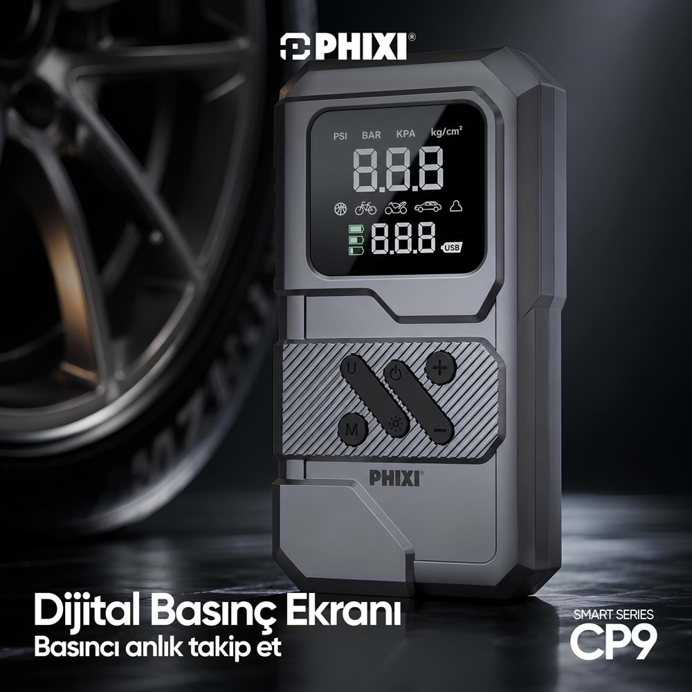 Phixi Smart CP9 250 PSI 8000 mAh Akü Takviyeli Şarjlı Hava Kompresörü