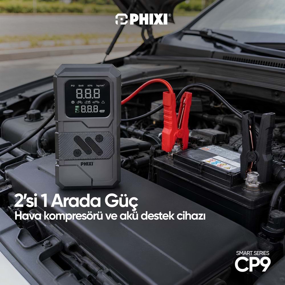 Phixi Smart CP9 250 PSI 8000 mAh Akü Takviyeli Şarjlı Hava Kompresörü