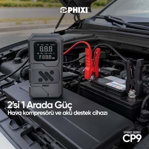 Phixi Smart CP9 250 PSI 8000 mAh Akü Takviyeli Şarjlı Hava Kompresörü