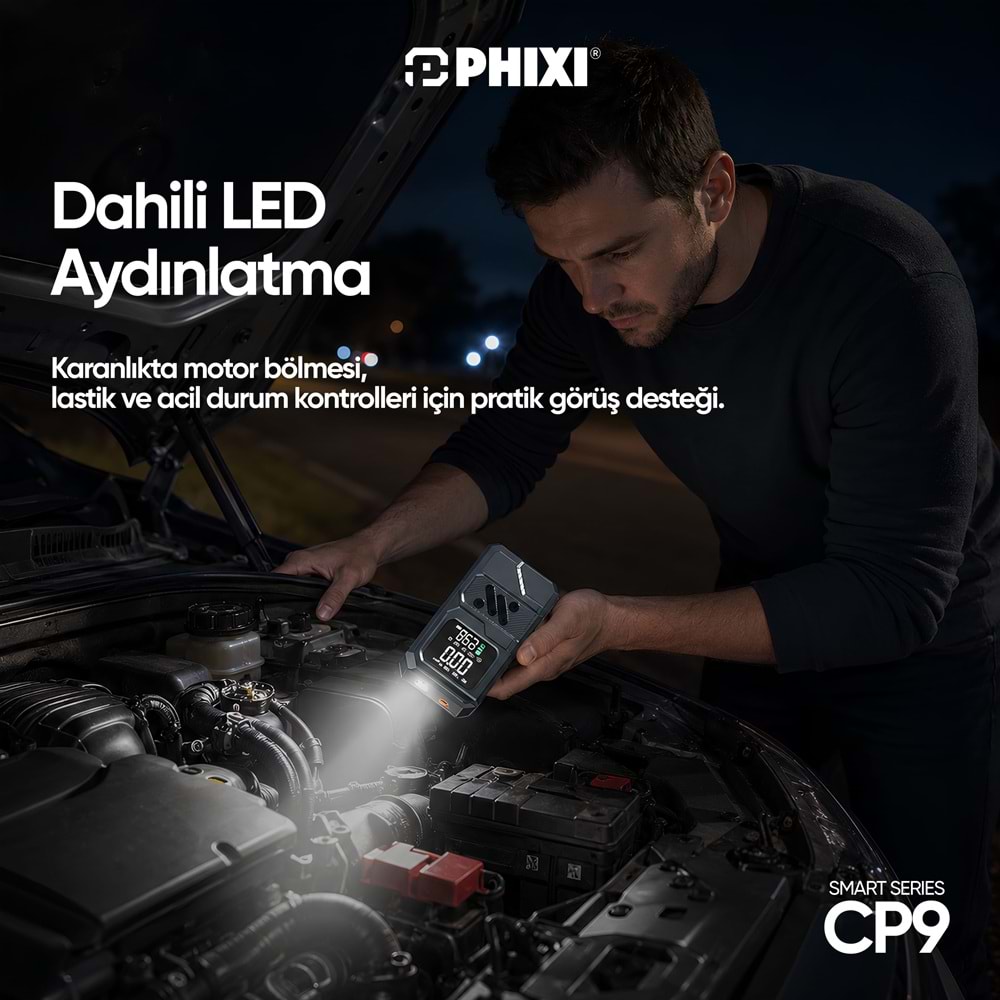 Phixi Smart CP9 250 PSI 8000 mAh Akü Takviyeli Şarjlı Hava Kompresörü