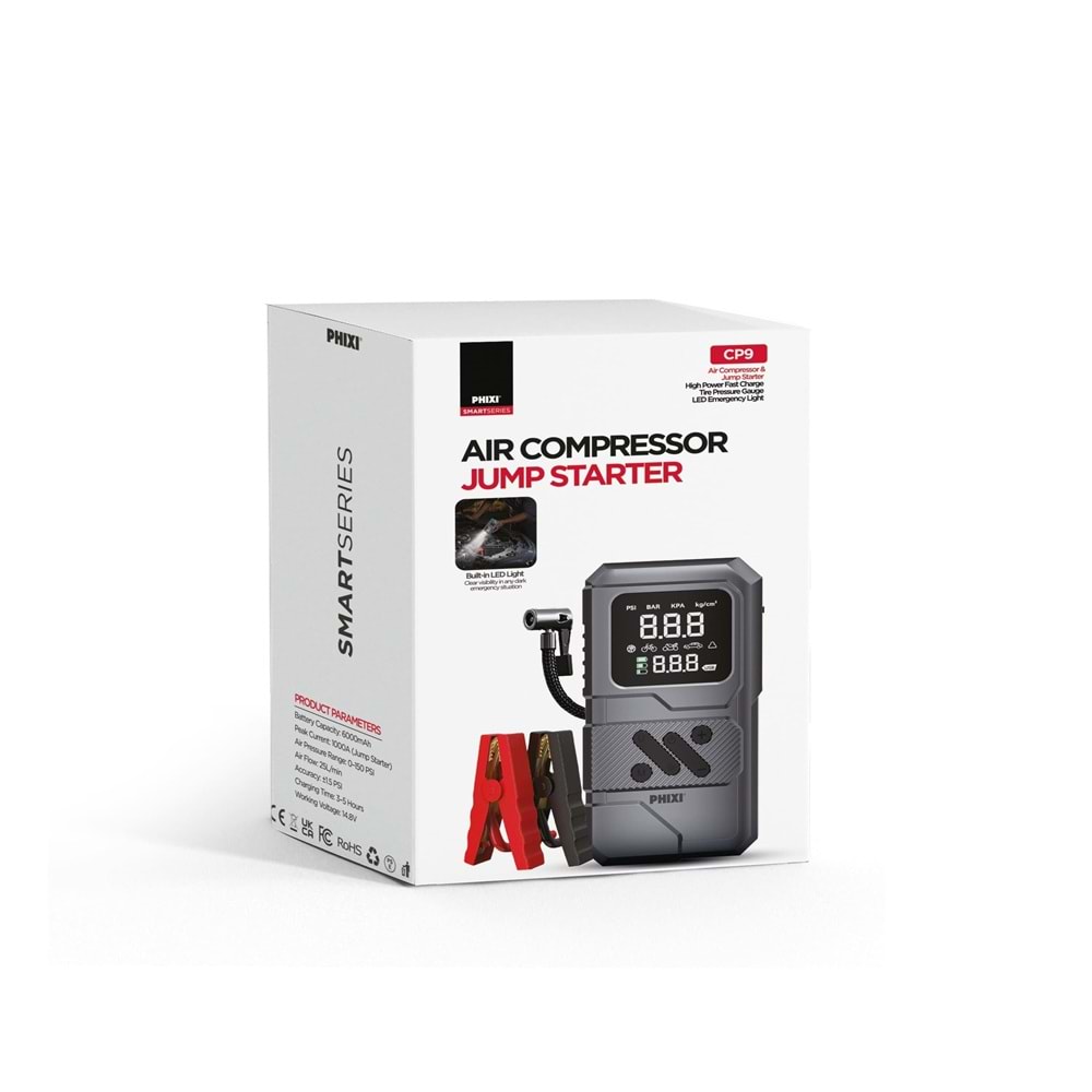 Phixi Smart CP9 250 PSI 8000 mAh Akü Takviyeli Şarjlı Hava Kompresörü