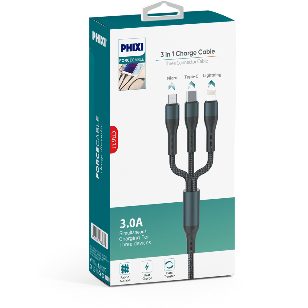Phixi Force CB631 Örgülü ve Güçlendirilmiş 100 Cm Çoklu Şarj ve Data Kablosu